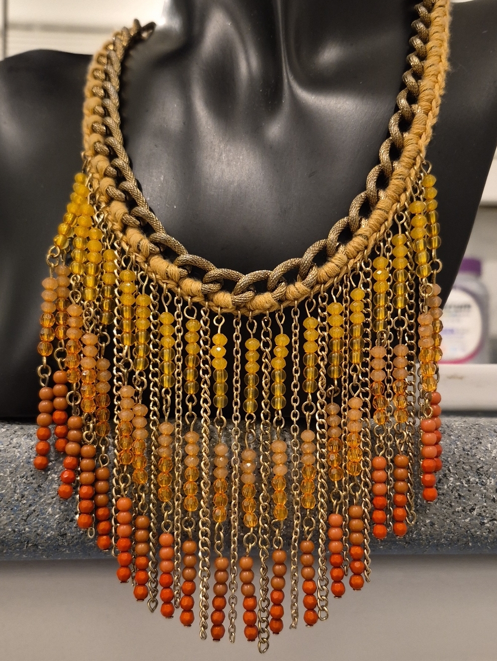 Vintage bohemian Ombre MultiChain Waterfall beaded statement fringe bib necklace